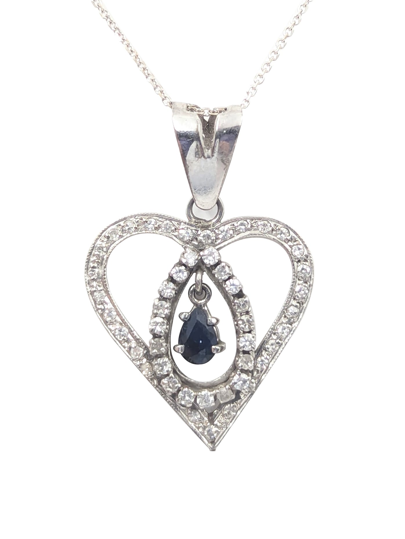 14kt White Gold Blue Sapphire and Diamond Heart Pendant