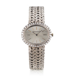 Vintage Ladies Oval Jaeger le Coultre Dress Watch in 18kt White Gold with Diamonds.
