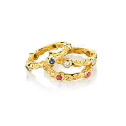Unique 18kt Yellow Gold 3 x Stackable Rings. Ruby, Diamond and Blue Sapphire.