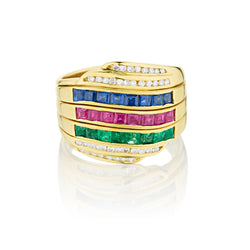 18kt Yellow Gold Blue Sapphire, Green Emerald, Blue Sapphire and Diamond Ring