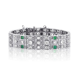 Vintage Ladies 14kt White Gold Green Emerald and Diamond Bracelet. Circa 1950's
