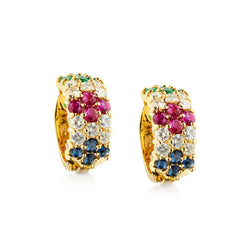 18kt Yellow Gold Ruby, Blue Sapphire, Emerald and Diamond Huggies Earings.