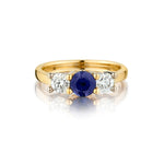 Ladies 18kt Gold BIRKS 3-stone Blue Sapphire and Diamond Ring.