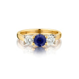 Ladies 18kt Gold BIRKS 3-stone Blue Sapphire and Diamond Ring.