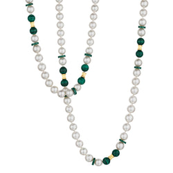 Opera Length Pearl and Malachite Strand. 8.5mm Pearls