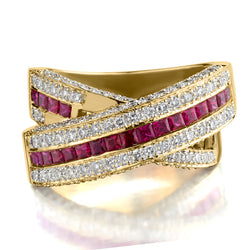 18KT Yellow Gold Ruby And Diamond Cross-Over Ring