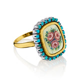 Porcelain Hand Painted and Torquoise Ring in 18kt Yellow Gold.