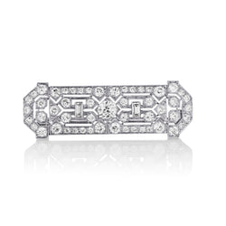Platinum Art Deco Diamond Bar Brooch.  2.50ct Tw  European and Baguette Cut Diamonds