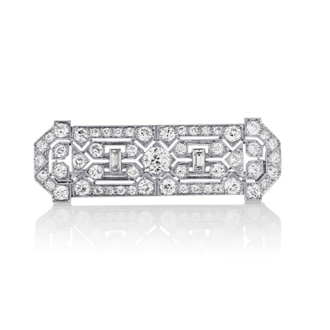 Platinum Art Deco Diamond Bar Brooch.  2.50ct Tw  European and Baguette Cut Diamonds
