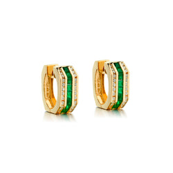 14kt Yellow Gold Diamond and Green Emerald Huggies Earrings