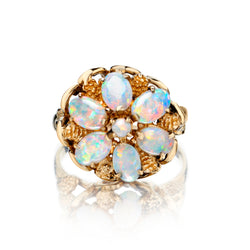 Ladies 14kt Yellow Gold Flower White Opal Ring.