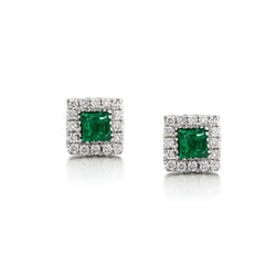 Emerald and Diamond Stud Earrings. 18kt White Gold.