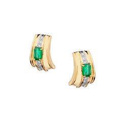 Ladies 18kt Yellow Gold Columbian Green Emerald and Diamond Hoop Earrings.