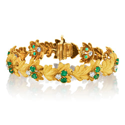 18kt Yellow Gold Ladies Green Emerald and Diamond Leaf Bracelet.