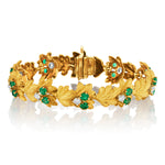 18kt Yellow Gold Ladies Green Emerald and Diamond Leaf Bracelet.