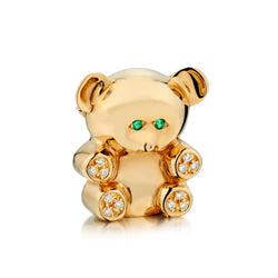 18kt Yellow Gold Teddy Bear Pendant / Brooch with Diamonds and Green Emerald Eyes.