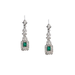 Ladies Art Deco 14kt White Gold Green Emerald and Diamond Drop / Pendant Earrings