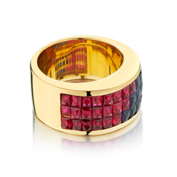18kt Yellow Gold Blue Sapphire and Ruby Band. Invisible Setting