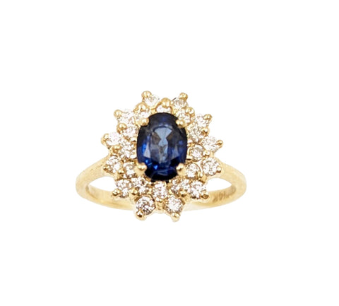 14kt Yellow Gold Sapphire and Double Halo Diamond Ring