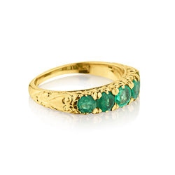 Vintage 18kt Yellow Gold 5 -Stone Natural Green Emerald Ring. English