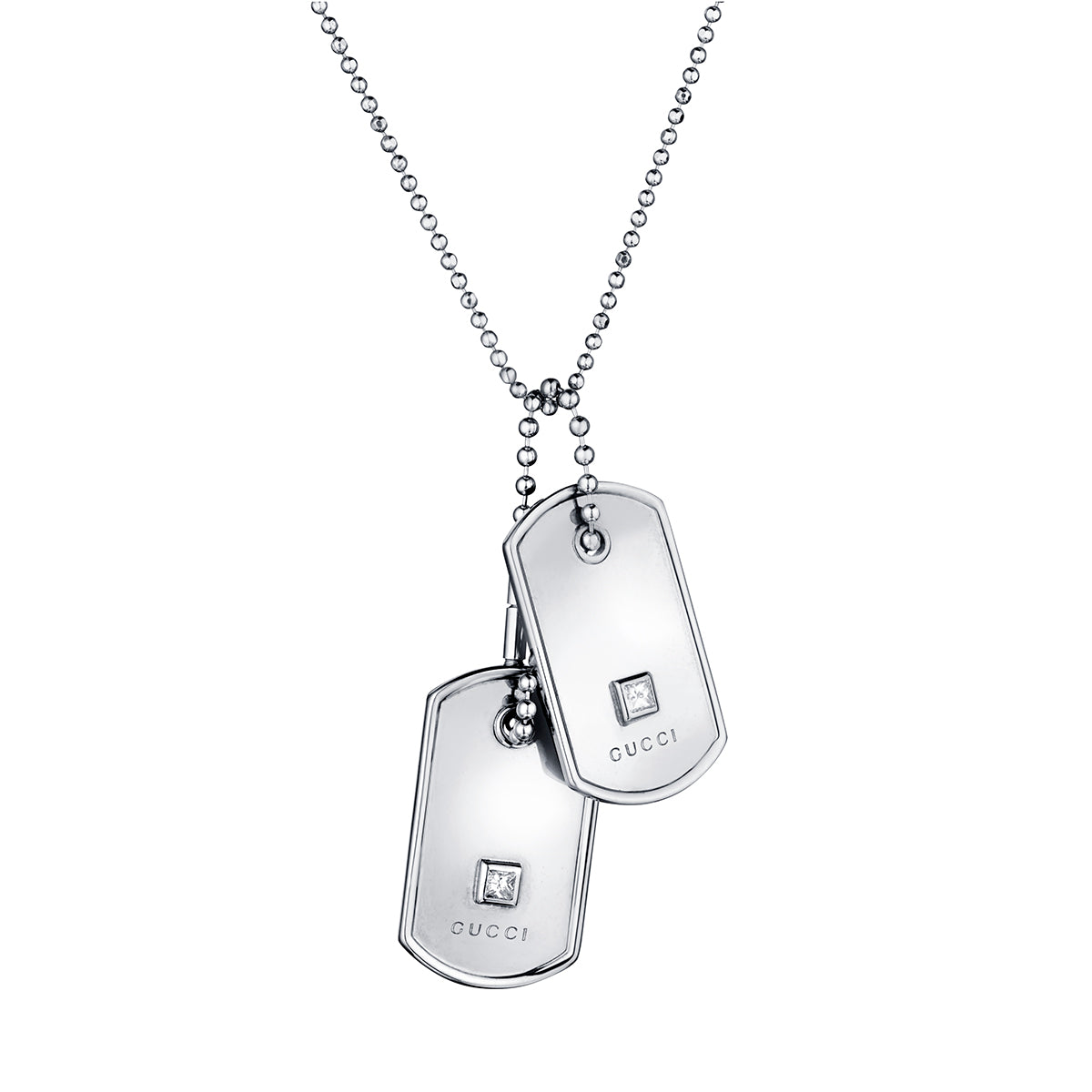 Authentic Gucci 18kt White Gold Dog Tag Necklace. 2 x Diamonds