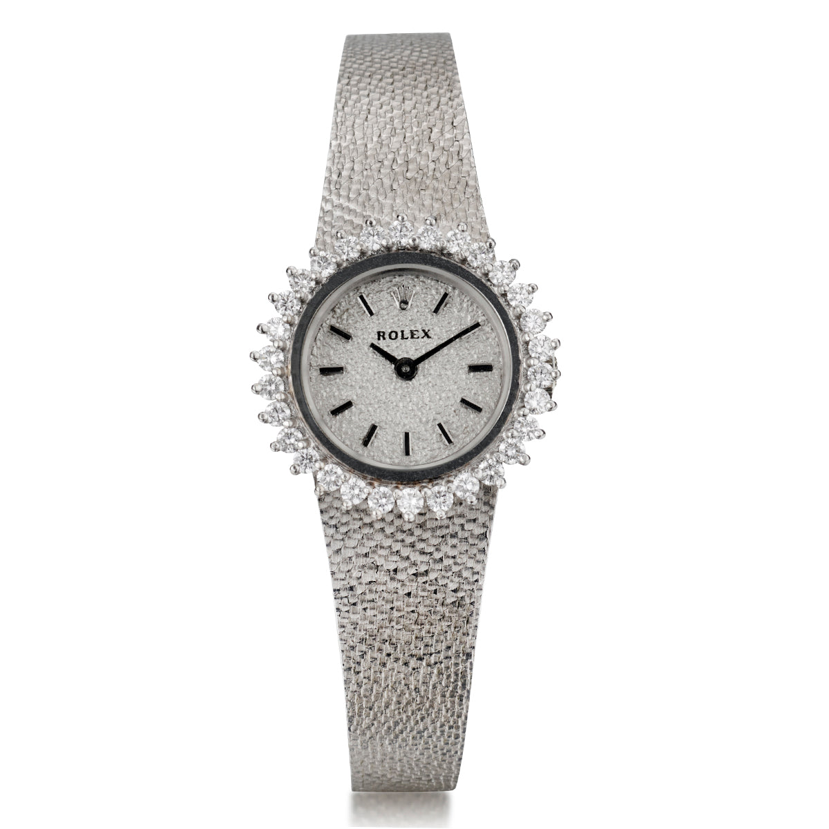 Ladies 18kt White Gold Rolex Dress Watch with Diamond Bezel. Van Rijk