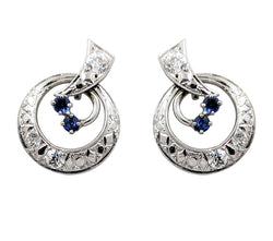 18kt White Gold Vintage Diamond and Sapphire Circular Earrings