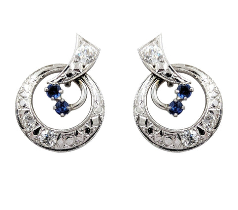 18kt White Gold Vintage Diamond and Sapphire Circular Earrings