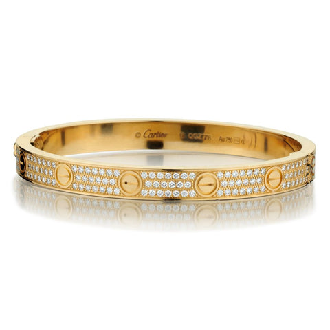 Cartier "Love" Bracelet Diamond Pave' in 18kt Yellow Gold. Size 18.