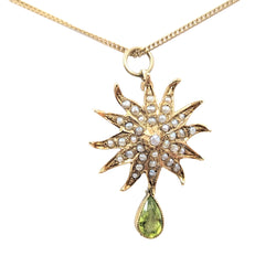 Victorian Peridot and Seed Pearl Pendant. 14kt Yellow Gold