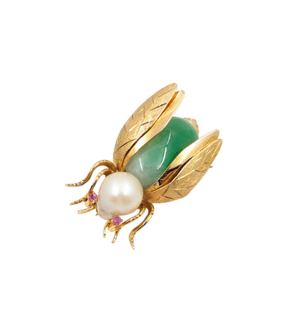 14kt Yellow Gold, Jade and Pearl Bee Brooch
