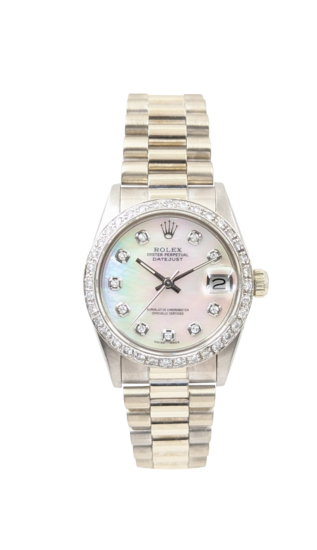 Rolex Datejust 18kt White Gold M.O.P and Diamond Wristwatch. Ref: 68279