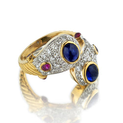 18KT Yellow Gold Diamond, Blue Sapphire And Ruby Ring