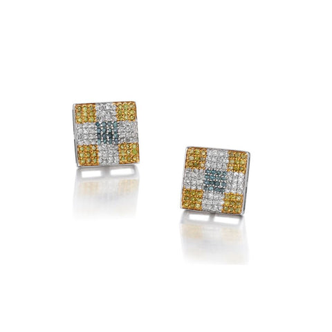 1.00 Carat Total Weight Yellow, Blue And White Treated Diamond Earrings