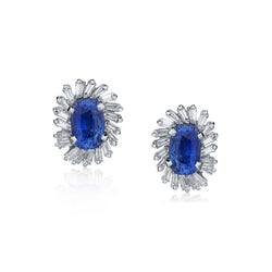 Ladies Blue Sapphire and Baguette Cut Diamond Stud Earings. 14kt W/G