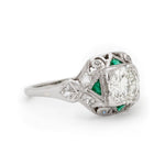 Art Deco European-Cut Diamond & Green Emerald Ring