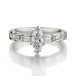 0.65 Carat Natural Marquise Cut Diamond And Baguette Diamond Band Engagement Ring