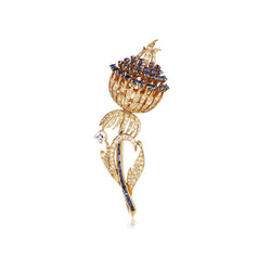Retro Blue Sapphire And Diamond Yellow Gold Floral Brooch.