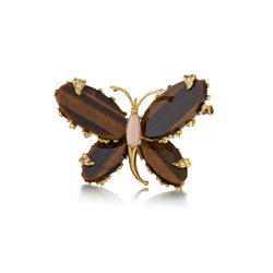 Birks Unique Tiger Eye And Coral Butterfly YG Brooch