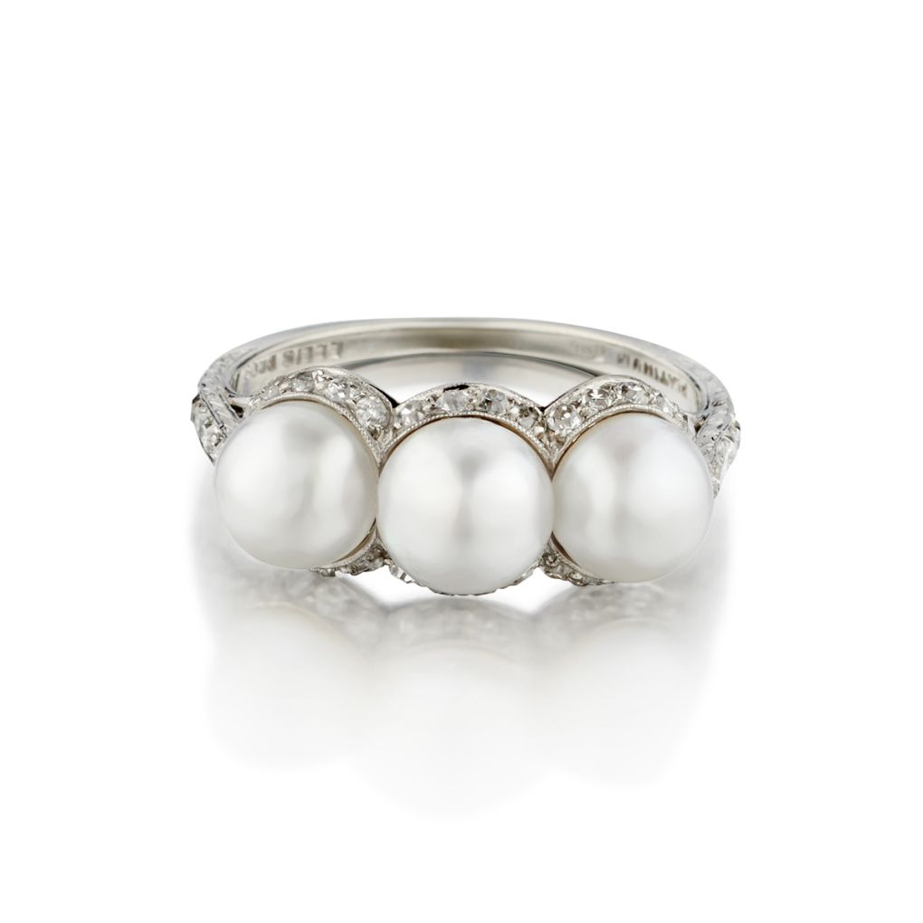 Platinum Vintage Pearl and Diamond Vintage Ring By Ellis Bros