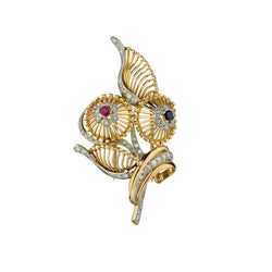 18KT Yellow Gold And Platinum Ruby, Sapphire And Diamond Flower Brooch