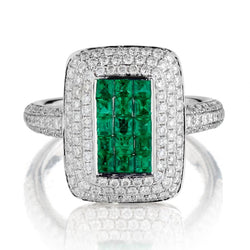 18KT White Gold Green Emerald And Round Brilliant Cut Invisibly Set Ring
