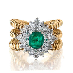 0.90 Carat Oval Green Emerald And Diamond Cluster Yellow Gold Ring