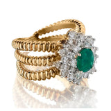 0.90 Carat Oval Green Emerald And Diamond Cluster Yellow Gold Ring