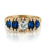 Ladies 14kt Diamond and Blue Sapphire Ring. Edwardian Era.