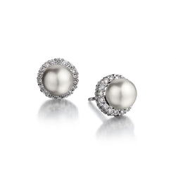 8.55MM Cultured Pearl And Diamond Halo White Gold Stud Earrings