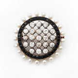 Vintage Diamond, Pearl, & Onyx Circular Brooch