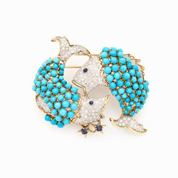 Turquoise, Sapphire And Diamond Two-Fish Brooch