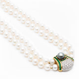 Pearl, Emerald and Diamond Double Stranded Necklace