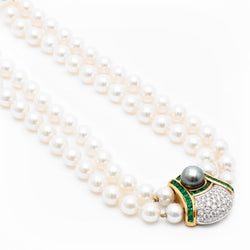 Pearl, Emerald and Diamond Double Stranded Necklace